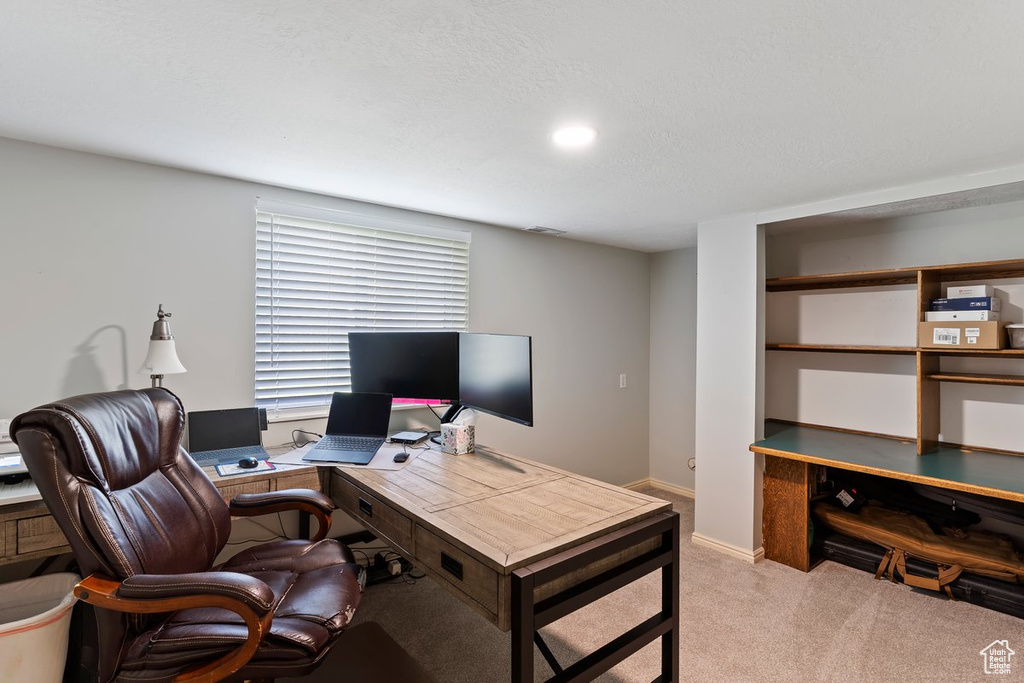 Carpeted home office featuring baseboards