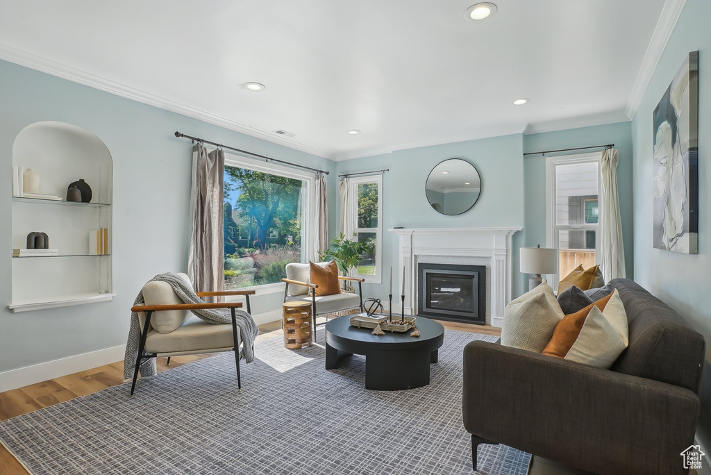 Living room featuring ornamental molding, wood finished floors, a glass covered fireplace, recessed lighting, and baseboards