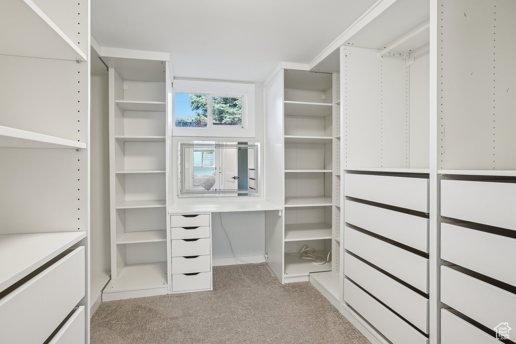 Spacious closet with light carpet