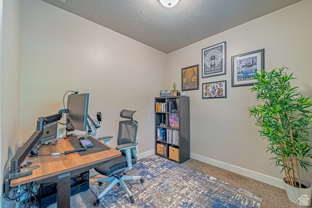 Carpeted office featuring a textured ceiling and baseboards