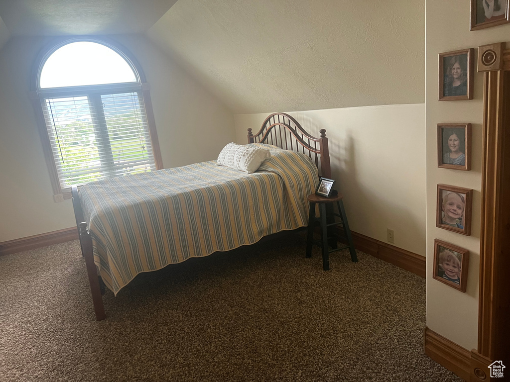 Carpeted bedroom featuring lofted ceiling, multiple windows, and baseboards