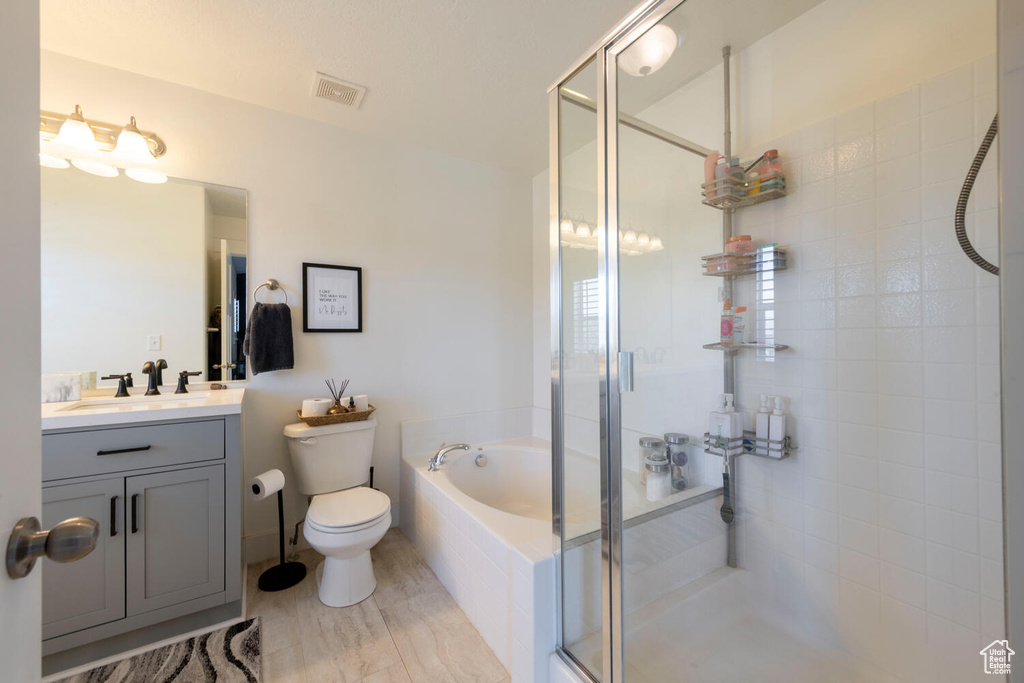 Bathroom with a shower stall, vanity, toilet, and a bath
