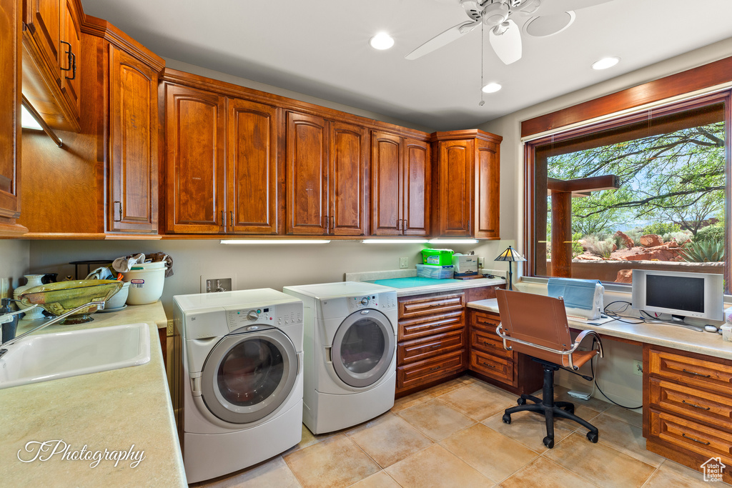 Laundry room with separate washer and dryer, cabinet space, ceiling fan, a desk, and recessed lighting