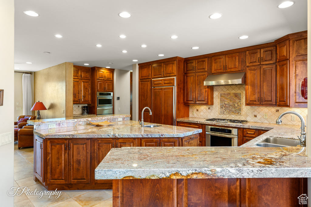 Kitchen with appliances with stainless steel finishes, under cabinet range hood, a sink, an island with sink, and recessed lighting