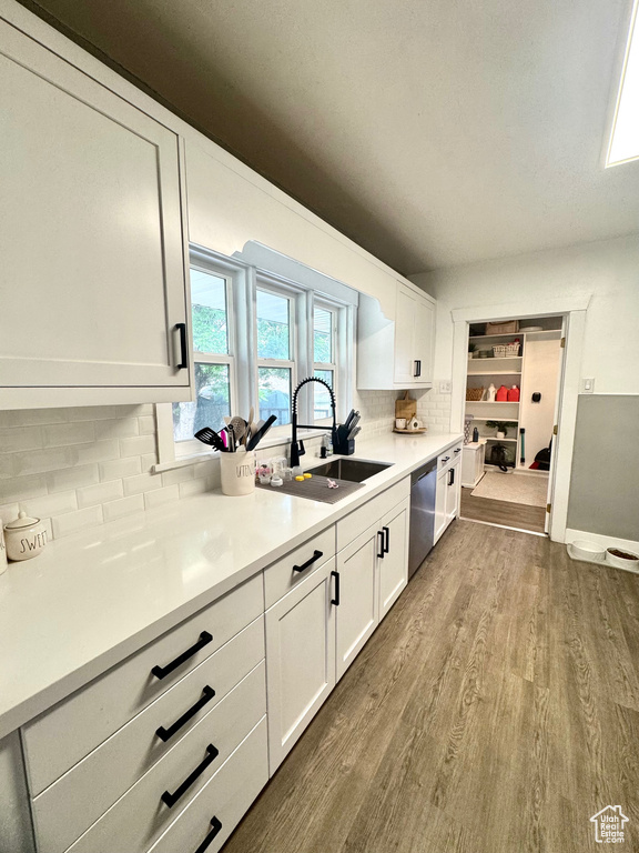 Kitchen featuring a sink, dark wood-type flooring, white cabinets, and decorative backsplash