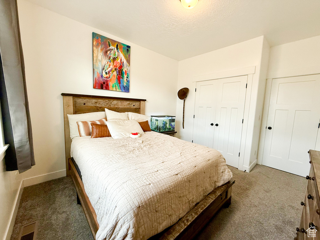 Carpeted bedroom with baseboards and a closet