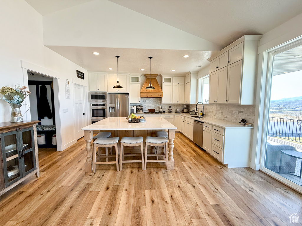 Kitchen with stainless steel appliances, premium range hood, a sink, lofted ceiling, and light countertops