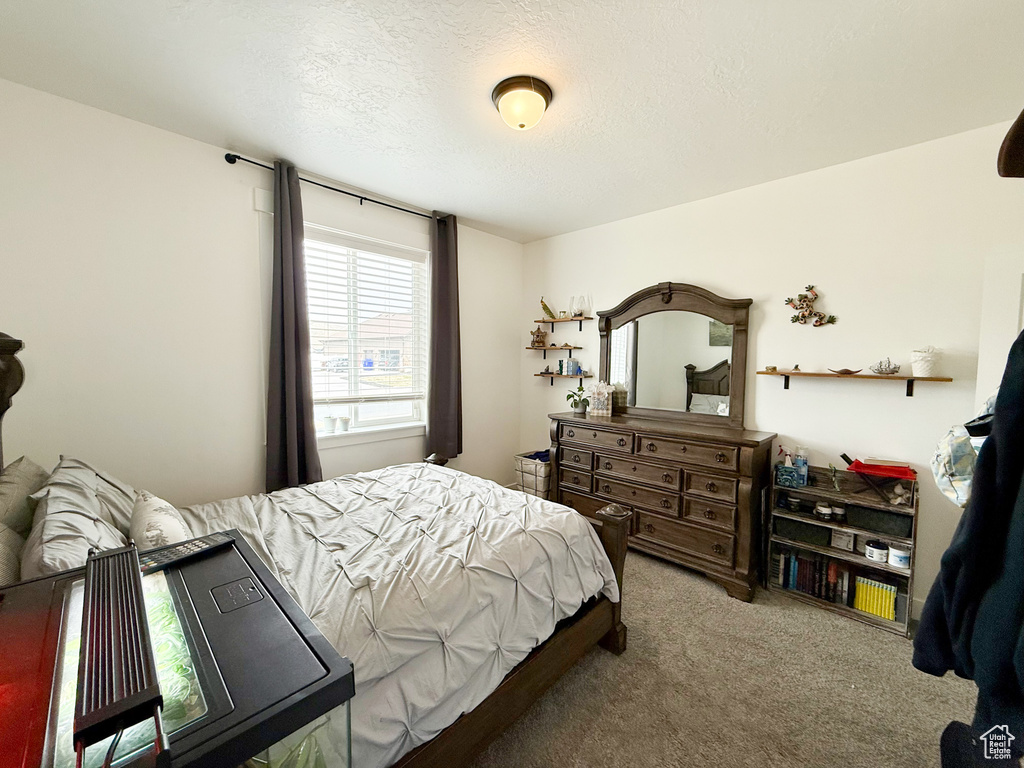Carpeted bedroom with a textured ceiling