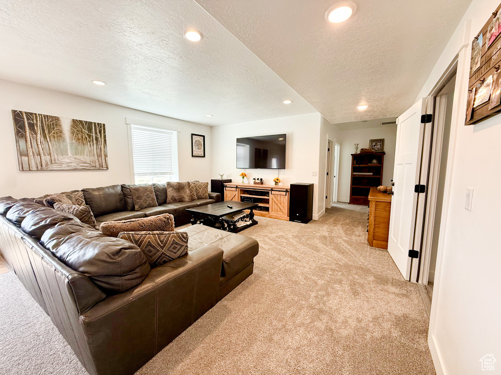 Living room featuring light colored carpet, a textured ceiling, recessed lighting, and baseboards