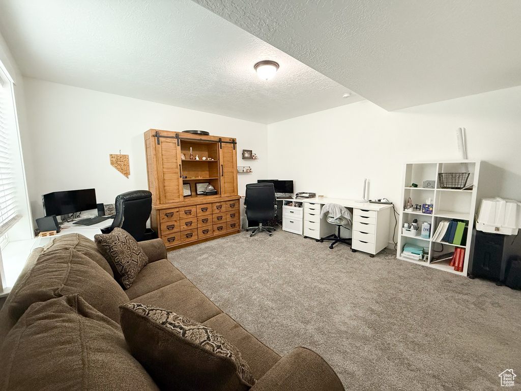 Office area featuring carpet flooring and a textured ceiling