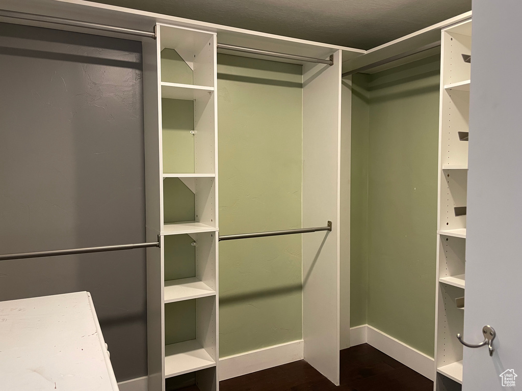 Spacious closet with dark wood-style floors