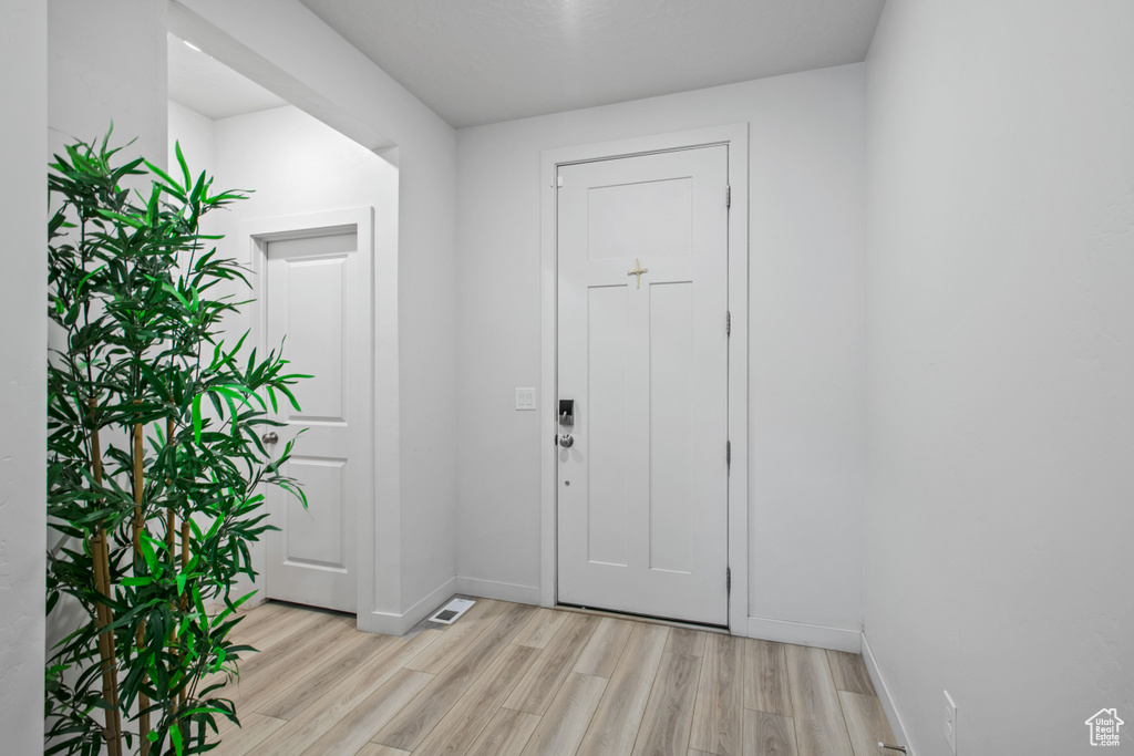 Entryway with light wood-style flooring and baseboards
