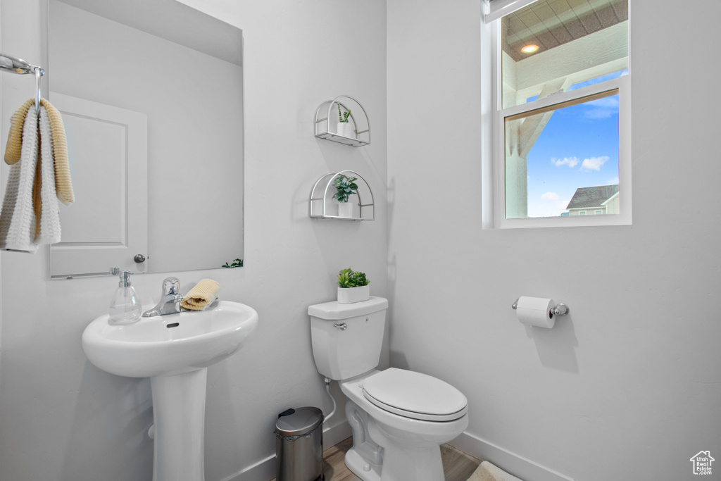 Bathroom with toilet, baseboards, and wood finished floors