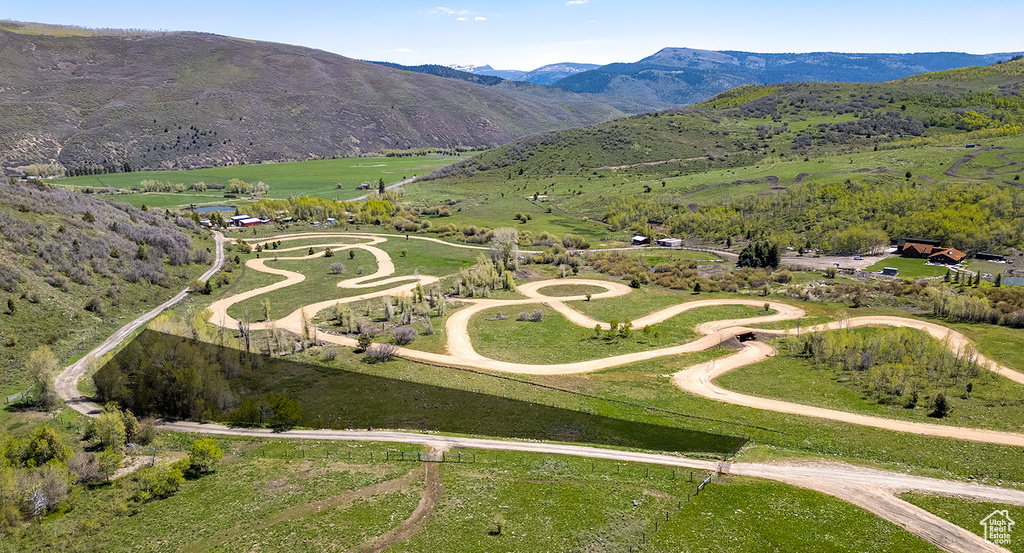 Drone / aerial view of a mountainous background