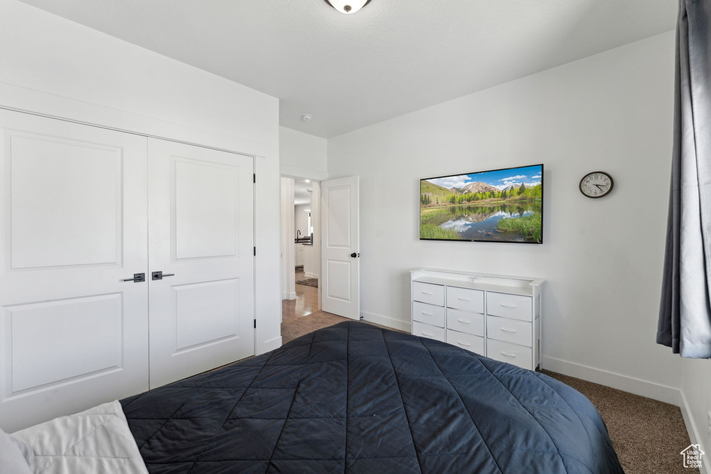 Bedroom featuring baseboards, a closet, and carpet