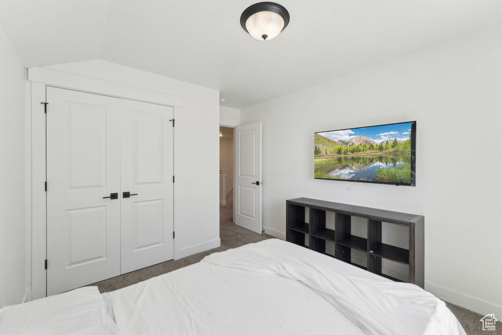 Carpeted bedroom with baseboards and a closet