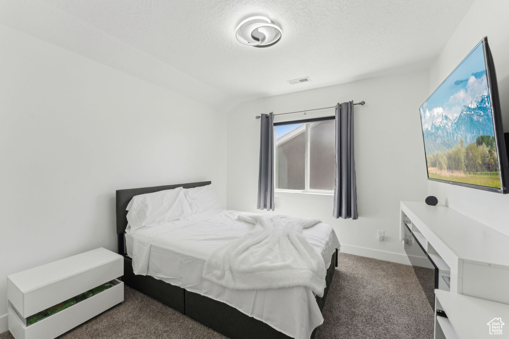 Carpeted bedroom featuring baseboards and a textured ceiling