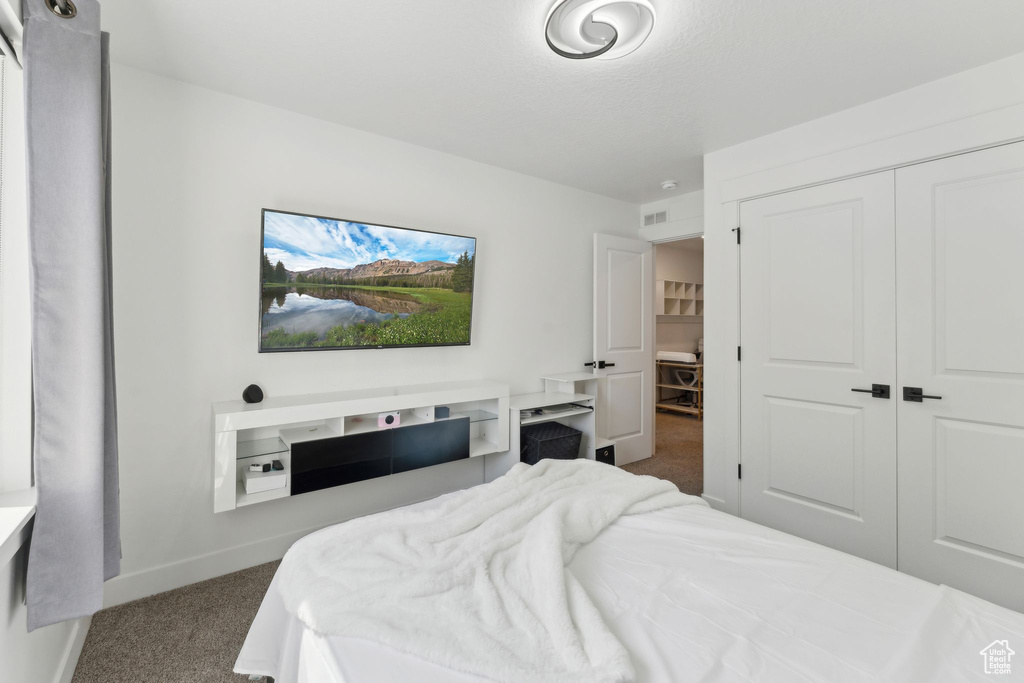 Carpeted bedroom featuring baseboards and a closet