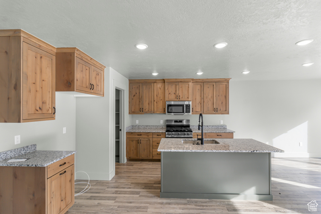 Kitchen featuring appliances with stainless steel finishes, a sink, light wood-style floors, recessed lighting, and light stone countertops