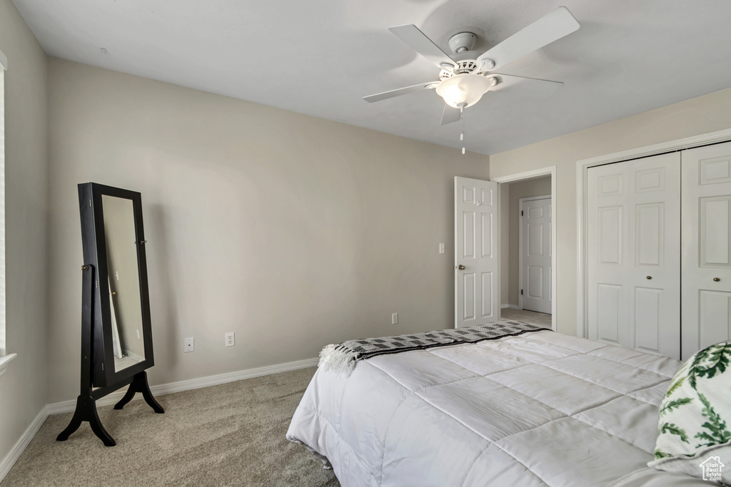 Carpeted bedroom with baseboards, a ceiling fan, and a closet