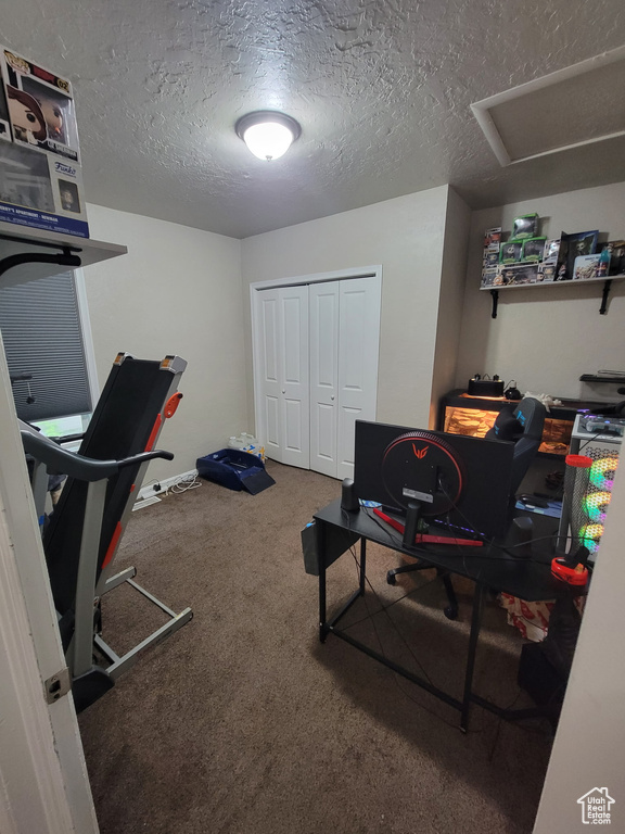 Office area with carpet flooring and a textured ceiling
