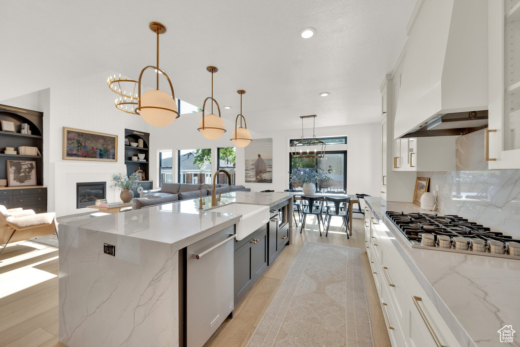 Kitchen featuring stainless steel appliances, a sink, light wood-style flooring, premium range hood, and recessed lighting