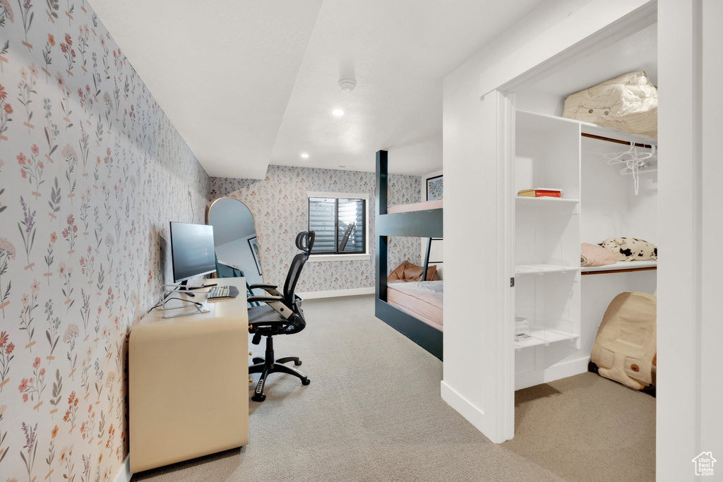 Office area featuring wallpapered walls, carpet, and recessed lighting