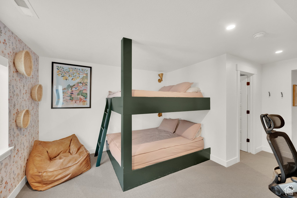 Carpeted bedroom with baseboards, recessed lighting, and wallpapered walls