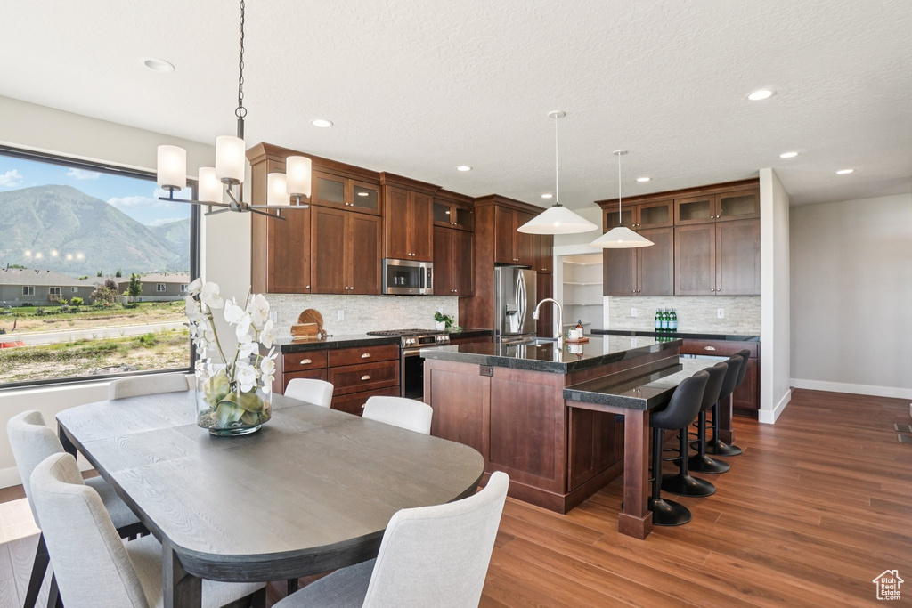 Kitchen featuring appliances with stainless steel finishes, dark countertops, dark wood-type flooring, a chandelier, and a mountain view