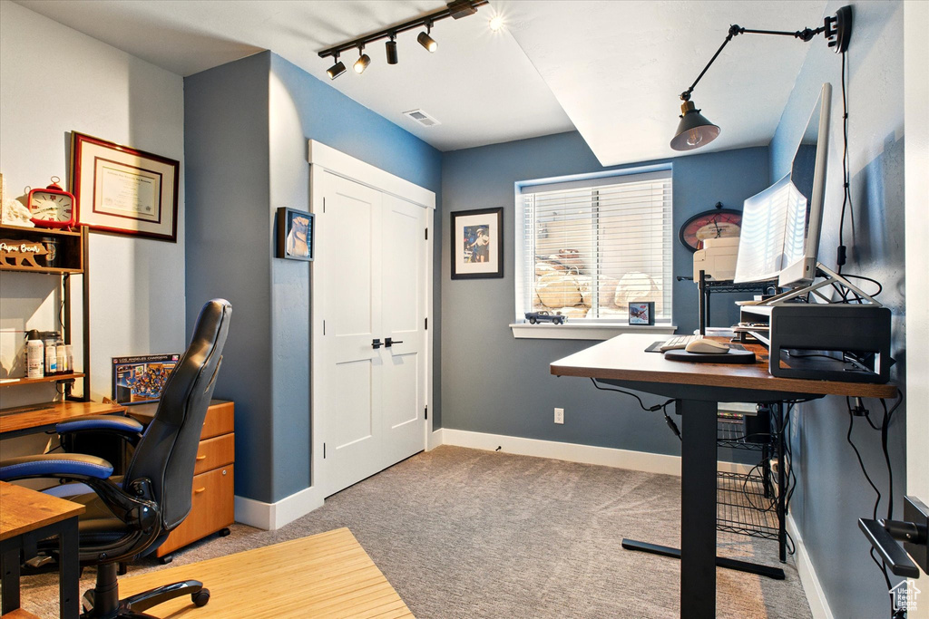 Office featuring rail lighting, baseboards, and carpet floors