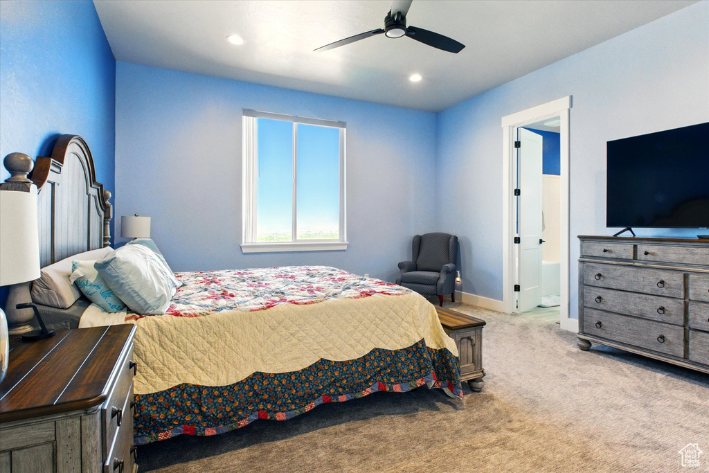 Bedroom with carpet floors, baseboards, connected bathroom, ceiling fan, and recessed lighting