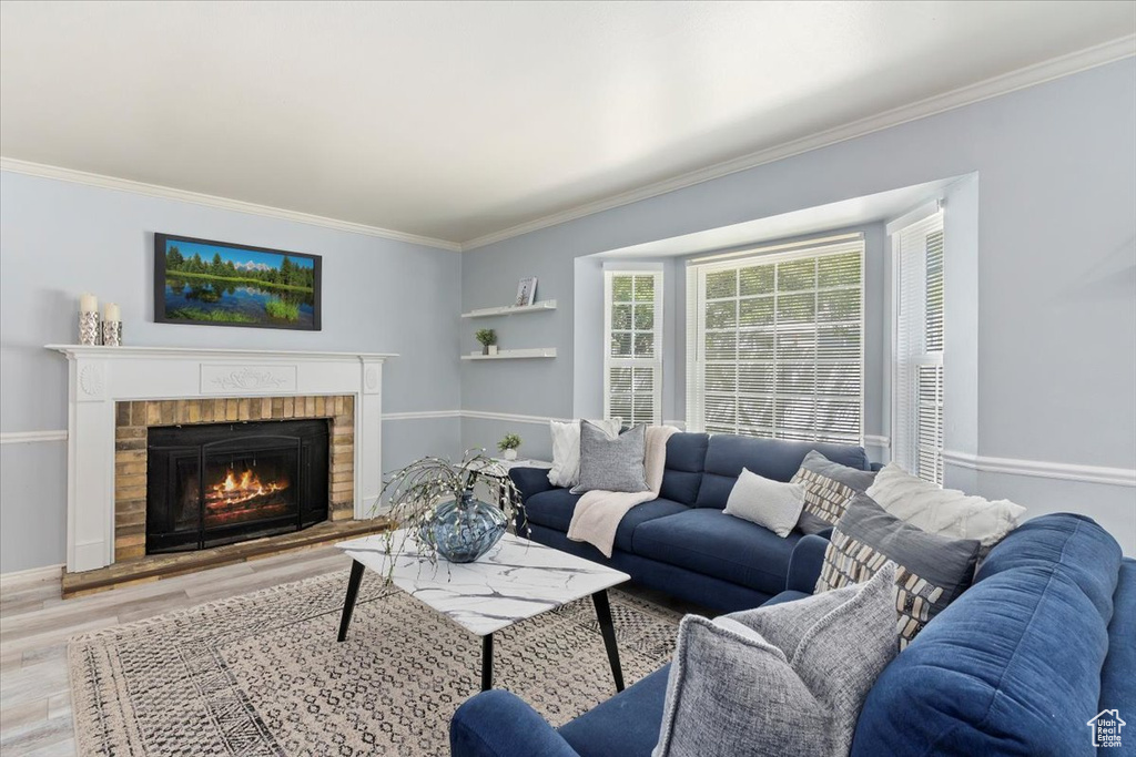 Living area with crown molding, light wood-style floors, a fireplace, and baseboards