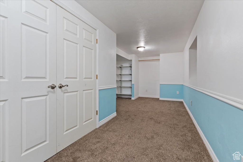 Basement featuring carpet flooring, baseboards, and built in shelves