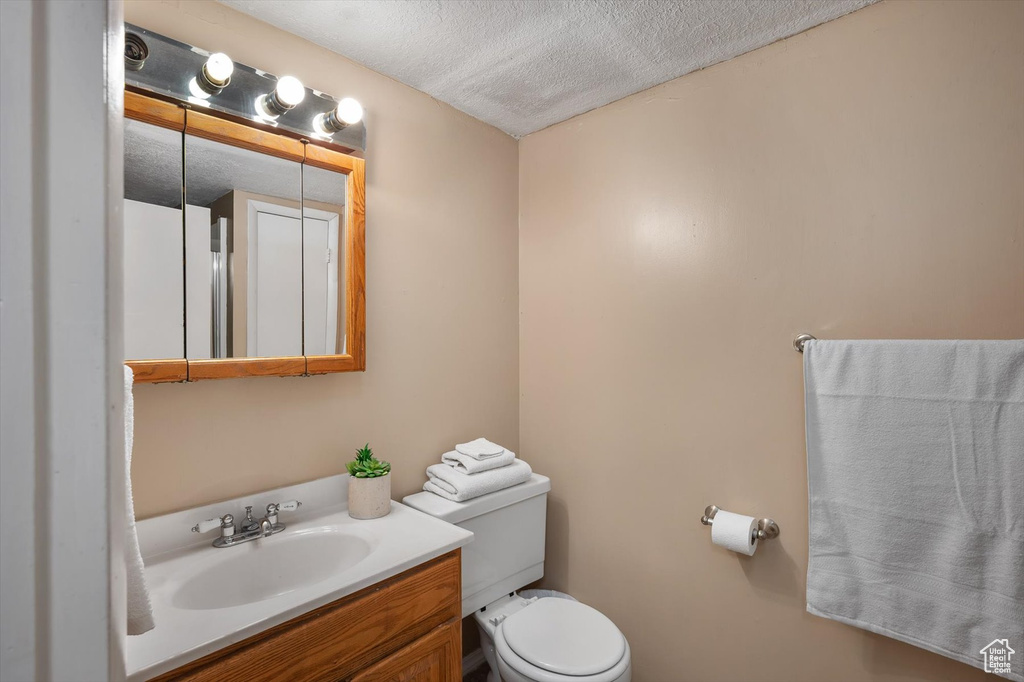 Half bath with vanity, a textured ceiling, and toilet