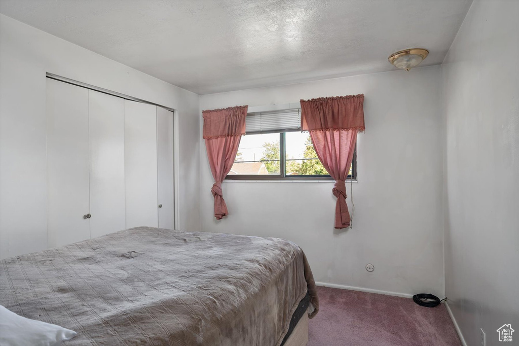 Bedroom featuring carpet flooring, a closet, and baseboards
