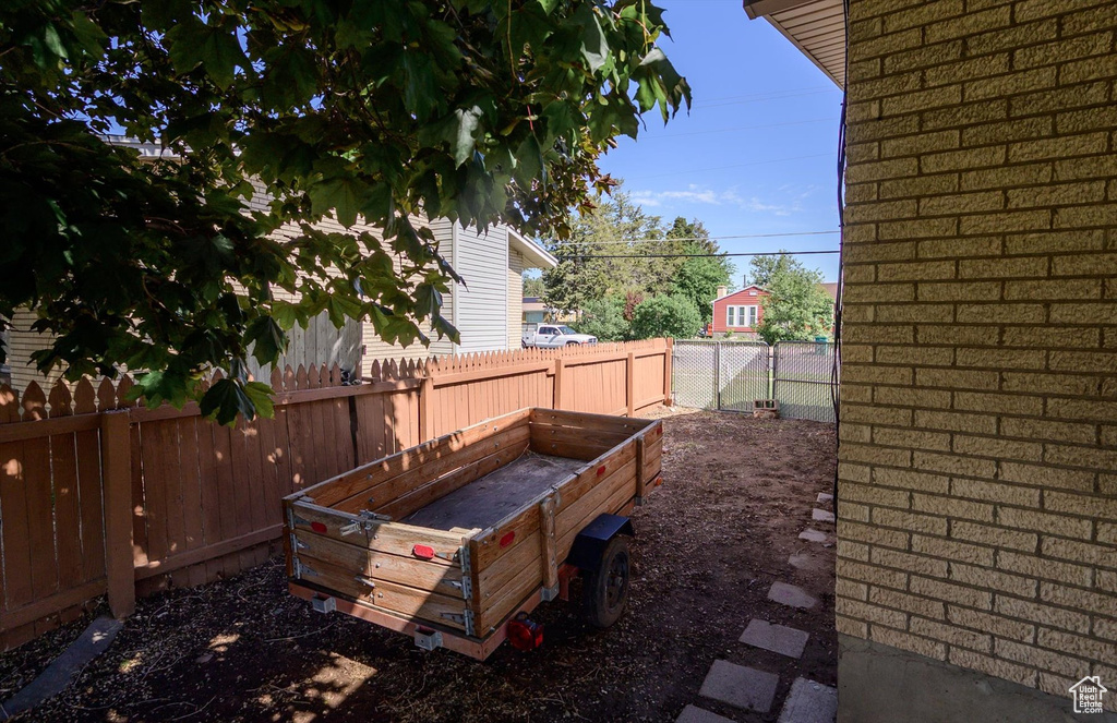 Fenced backyard featuring a garden