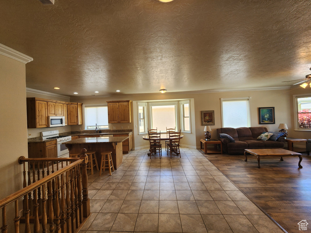 Living room with ornamental molding, a textured ceiling, a ceiling fan, and baseboards