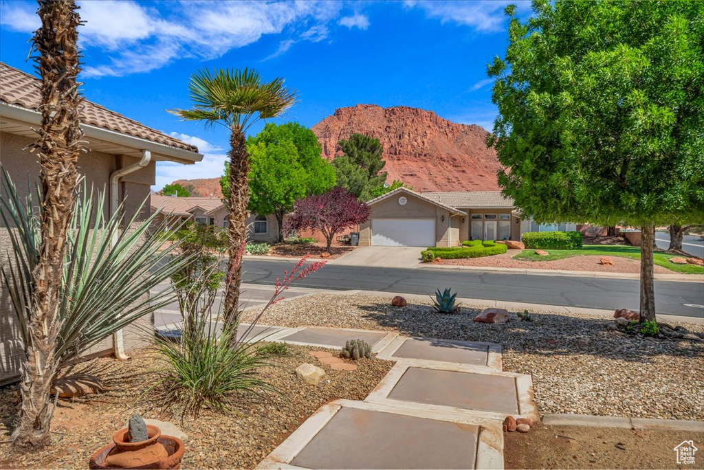 View of yard with a mountain view, an attached garage, and concrete driveway