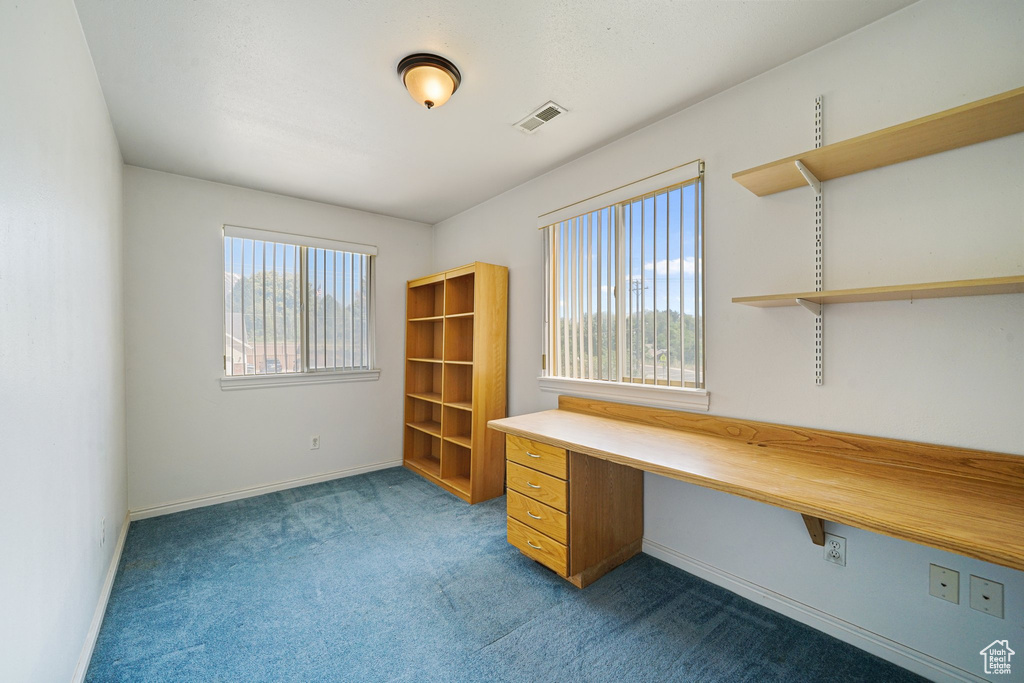 Unfurnished office with healthy amount of natural light, carpet flooring, and baseboards