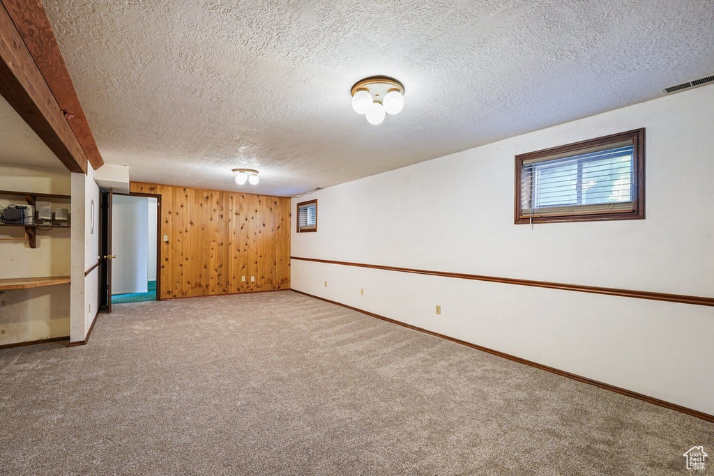Below grade area featuring a textured ceiling, carpet flooring, baseboards, and wood walls