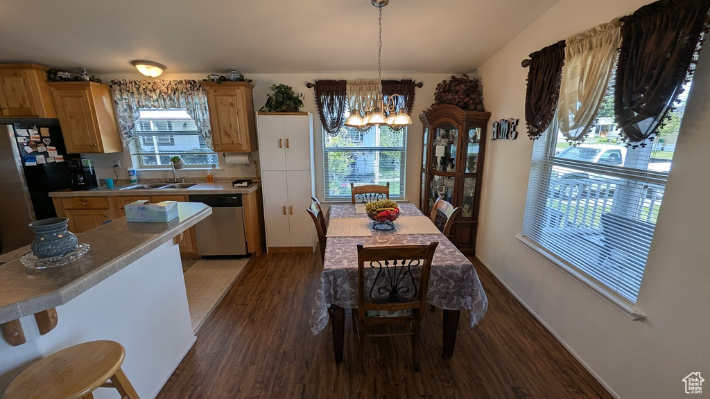 Kitchen featuring stainless steel dishwasher, a sink, wood finished floors, a chandelier, and pendant lighting