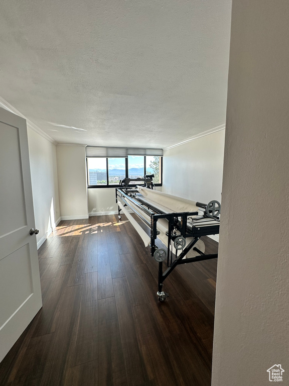 Playroom featuring ornamental molding, dark wood-style floors, and a textured ceiling