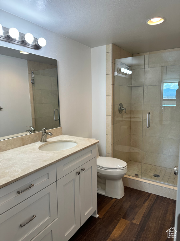 Bathroom with wood finished floors, vanity, a shower stall, and a textured ceiling