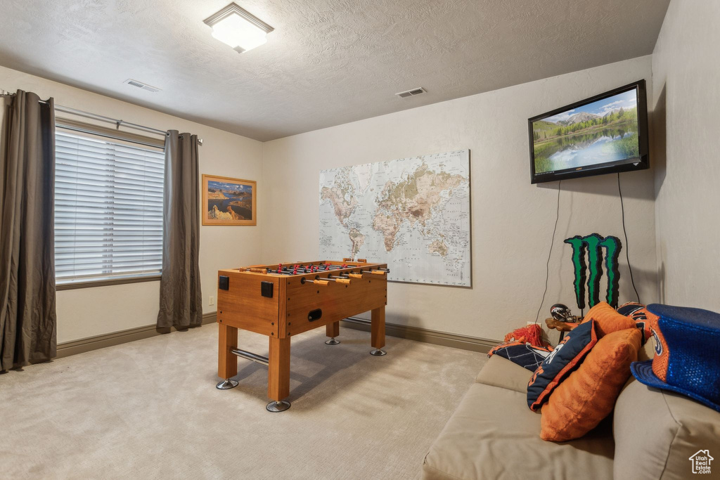 Rec room with light carpet, a textured ceiling, and baseboards