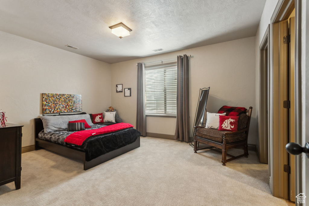 Bedroom featuring light carpet, baseboards, and a textured ceiling