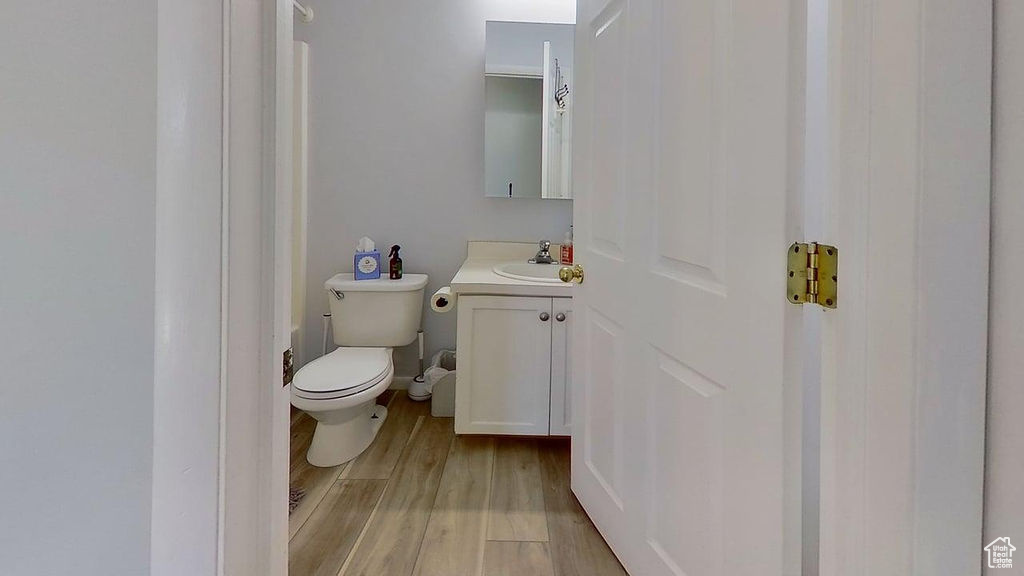 Bathroom with vanity, toilet, wood finished floors, and a shower