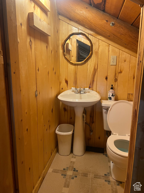 Half bathroom featuring toilet, wooden walls, and a sink