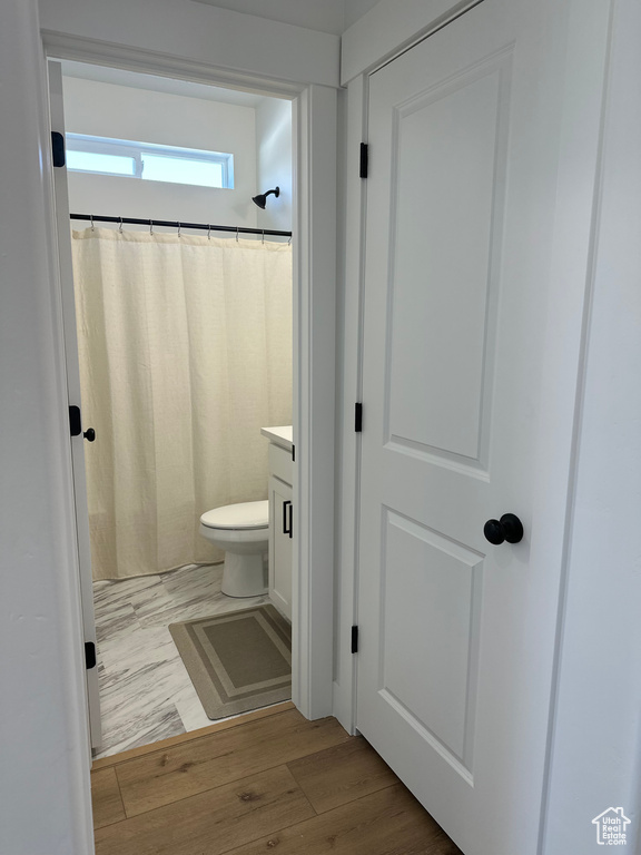 Full bath with vanity, wood finished floors, toilet, and a shower with shower curtain