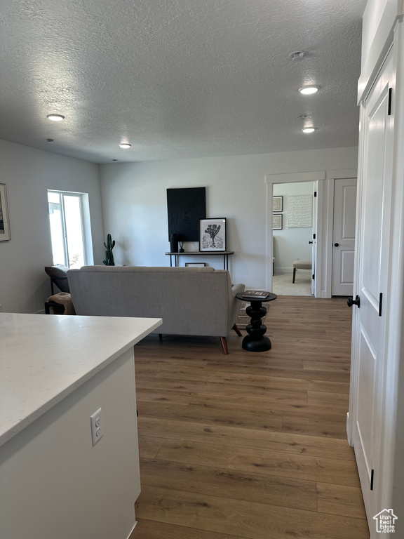 Living area with a textured ceiling, wood finished floors, and recessed lighting