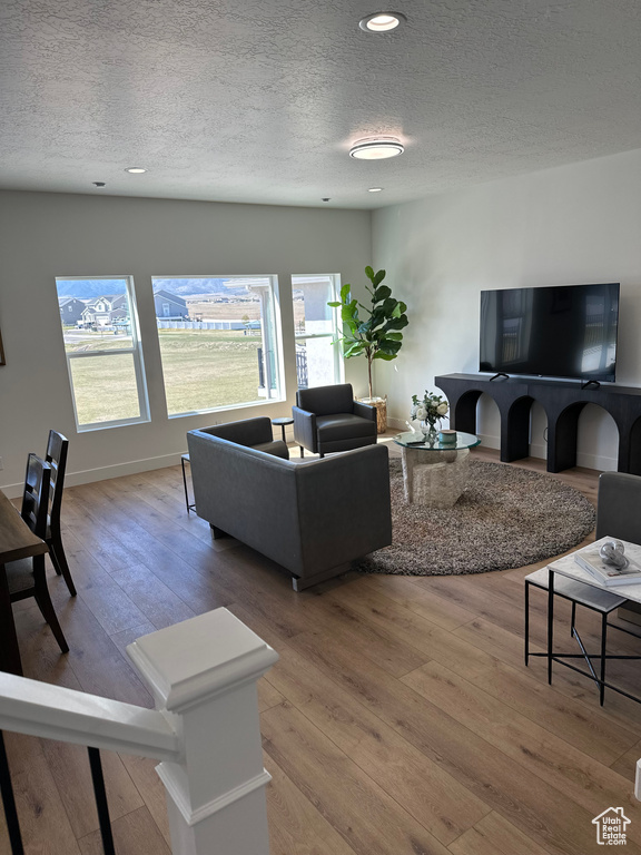 Living area with a textured ceiling, hardwood / wood-style flooring, plenty of natural light, and recessed lighting